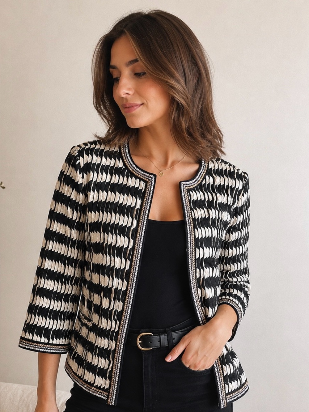Chico’s Black & White Textured Collarless Blazer w/ beading sz M